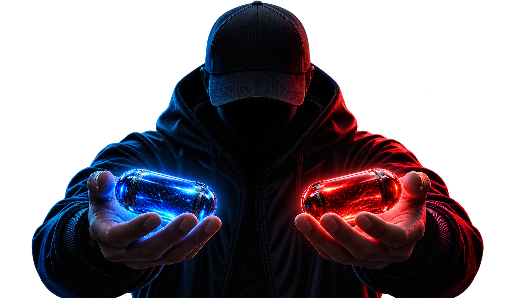 Anonymous figure in a dark baseball cap holding a blue pill and a red pill